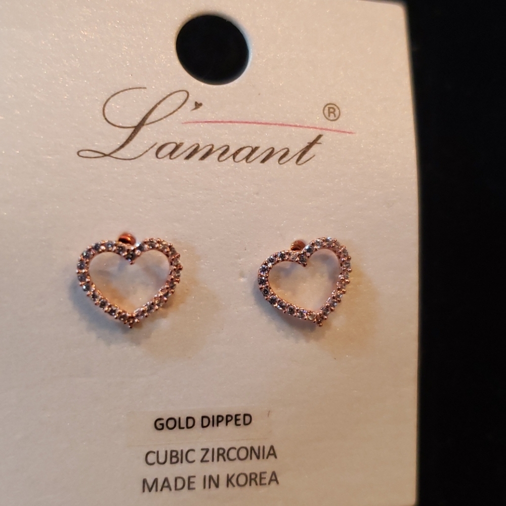 Rose Gold heart   Cubic Zirconia   post earrings